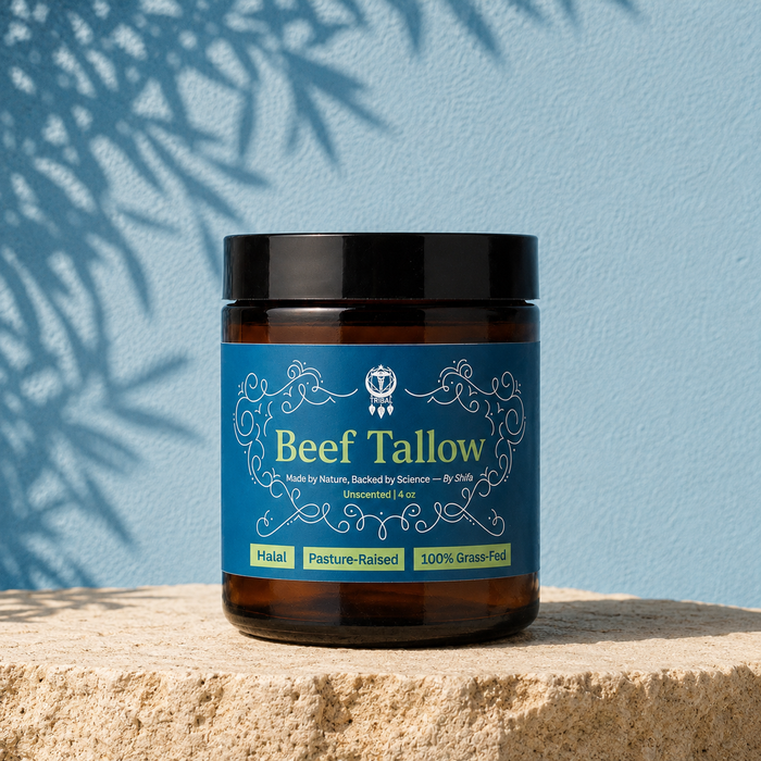 SHIFA Beef Tallow jar on sunlit stone under olive shadows