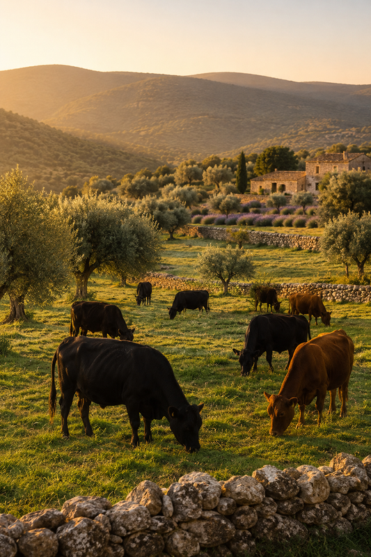 Cattle grazing a Mediterranean hillside pasture — the grass-fed source behind SHIFA