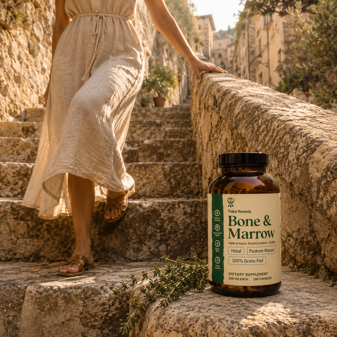 Morning walk — SHIFA Bone & Marrow bottle on a sunlit village ledge
