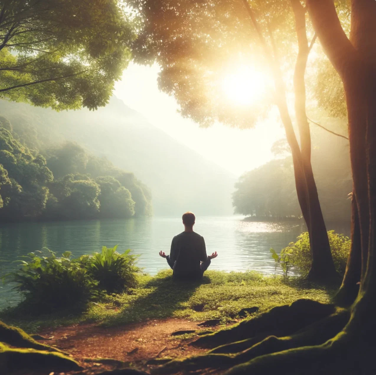 A man meditating in front of a lake
