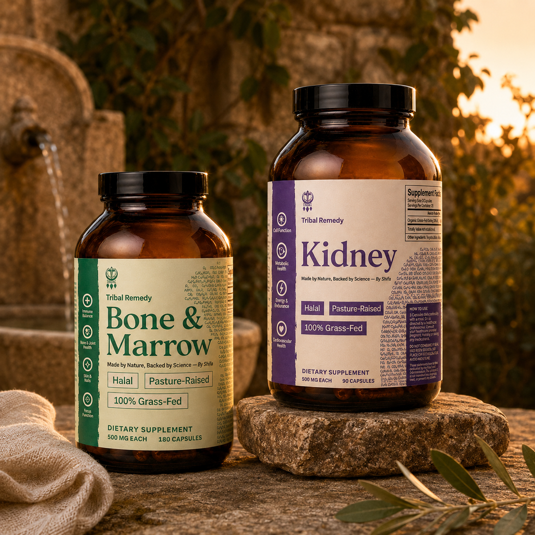 The Calm & Restore bundle — SHIFA Kidney and Bone & Marrow in a dusk Mediterranean garden