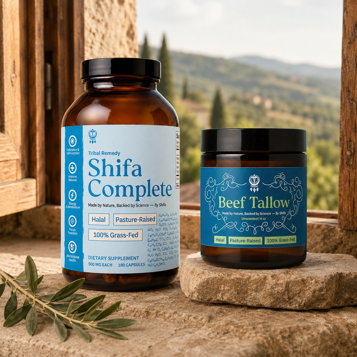 The Essential Reset bundle — SHIFA Complete and Beef Tallow by a morning window