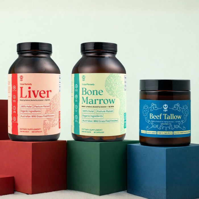 Three supplement bottles labeled 'Liver', 'Bone Marrow', and 'Beef Tallow' on colorful blocks.