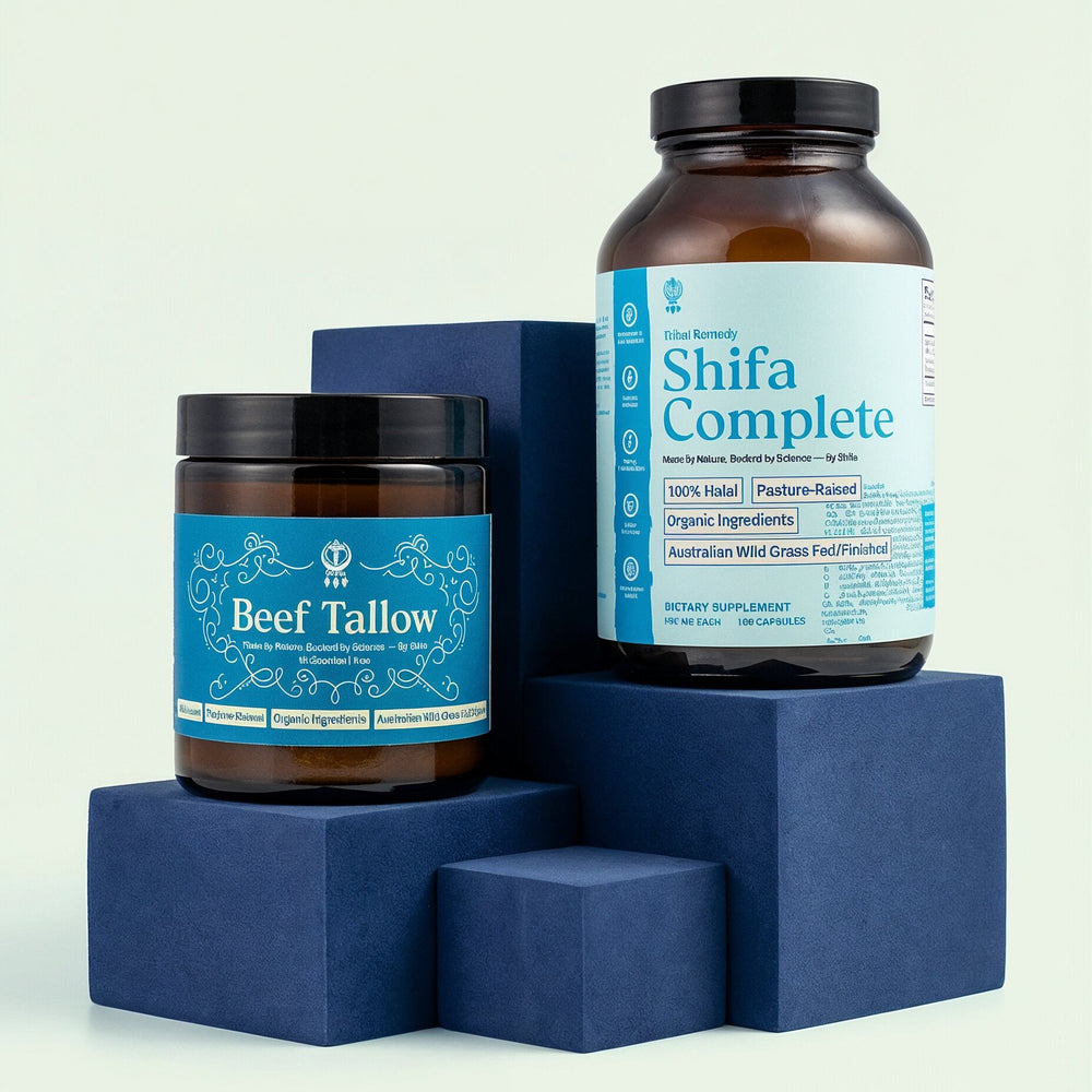 Two Shifa Complete products on blue blocks with a white background