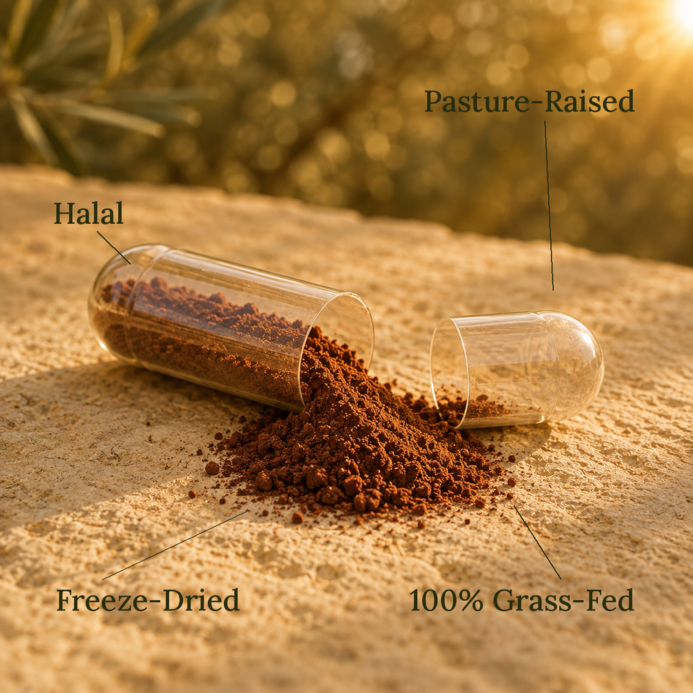 SHIFA Heart capsule opened — freeze-dried grass-fed beef heart powder