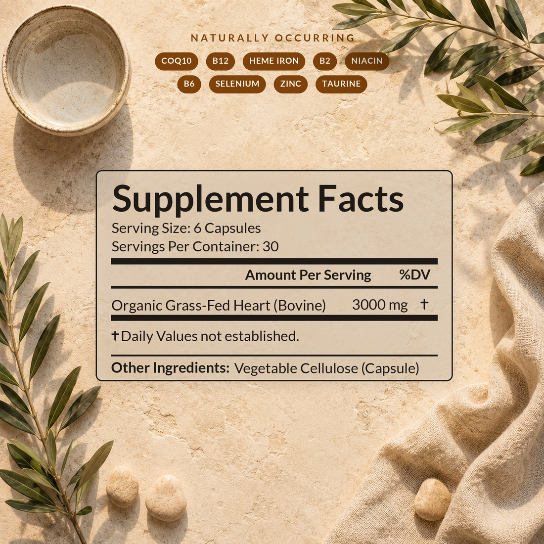 SHIFA Heart Supplement Facts — 3000 mg organic grass-fed beef heart per serving