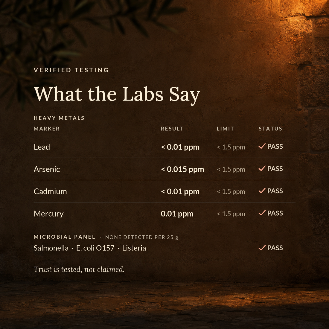 SHIFA Heart third-party lab results — heavy metals tested, all markers pass
