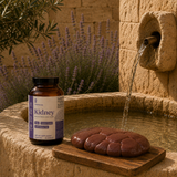 SHIFA Kidney bottle by a stone fountain with fresh grass-fed beef kidney